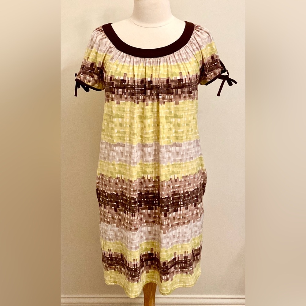 BCBGMAXAZRIA Yellow Brown Abstract Print S Y2K Festival Earthy Boho Mini Dress